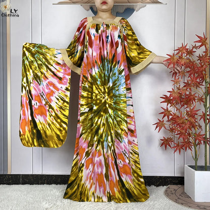 New Muslim Dress Woman Short Sleeve Dashiki African Abaya Tie-dyed Printing Cotton Loose Femme Robe Islamic Dresses With Scarf