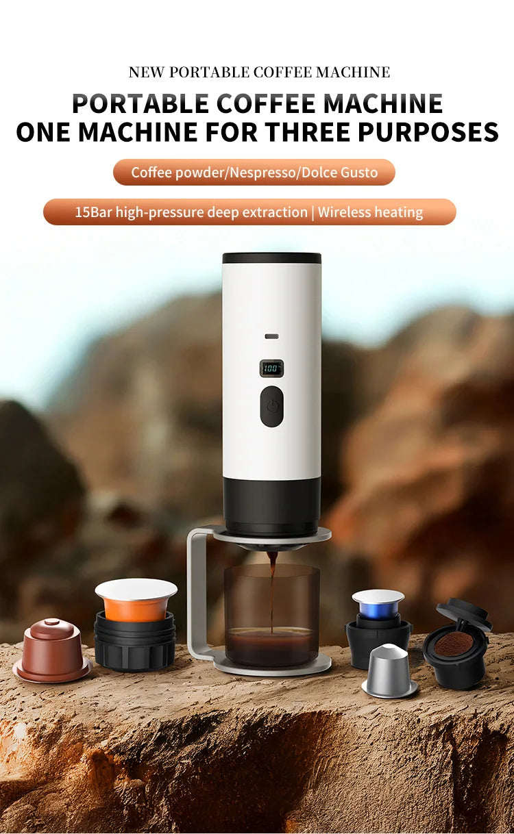 Portable Electric Coffee Maker 3-in-1 Capsule Coffee Grinder Travel Coffee Espresso Maker for Car and Home Camping.
