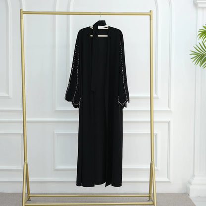 Middle Eastern Modest Dress with Pearl Sleeve for Muslim Women Ramadan Dubai Black Abaya Islam Party Jalabiya Outfit Turkey Robe.