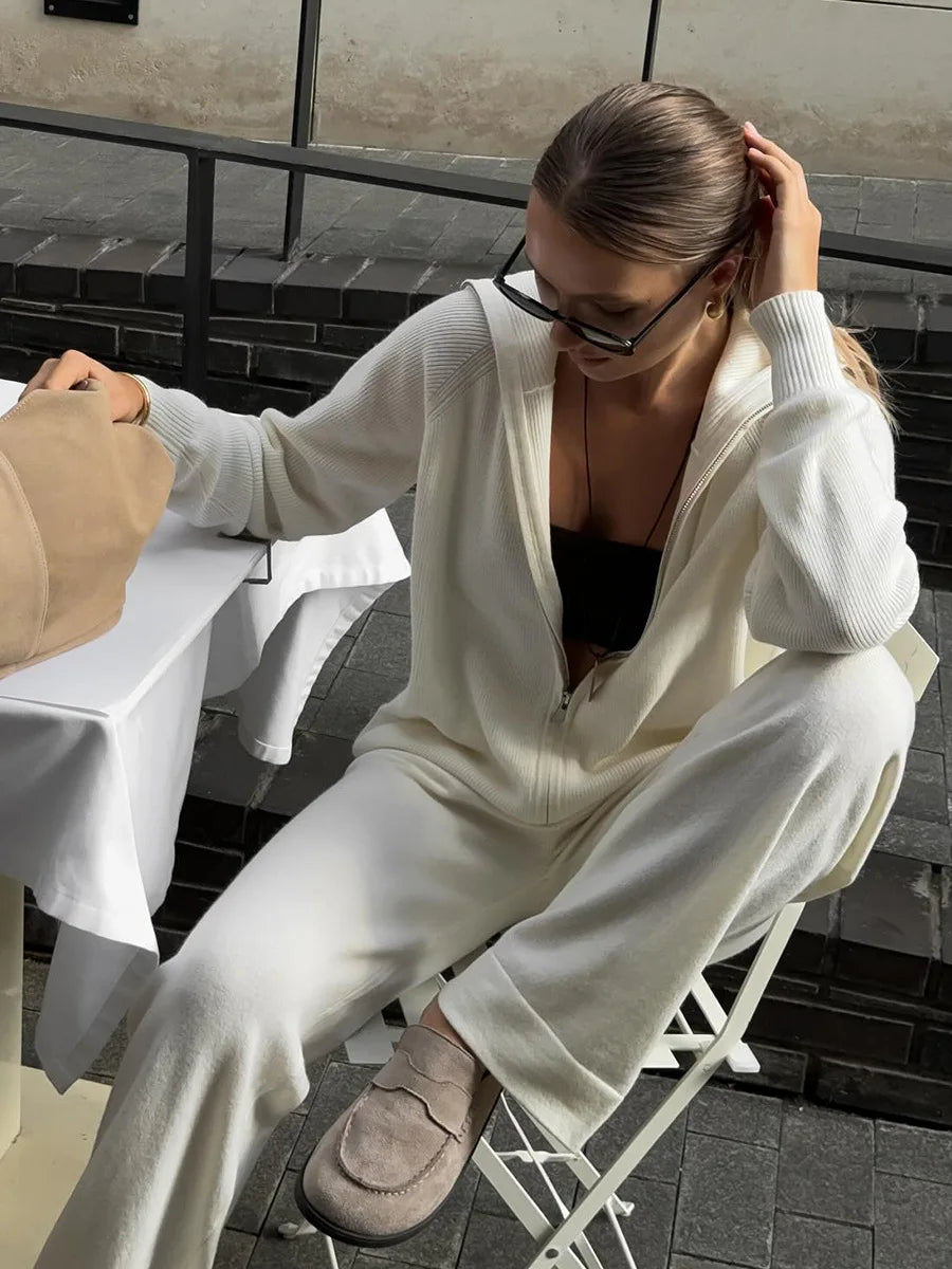 Tornova Zipper Strickjacke Pullover Anzug Weibliche Gestrickte Langarm Casual Mantel Breitbeinig Hosen Pullover frauen Zwei Stück Set