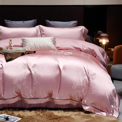 Luxury Satin Jacquard  Cotton Bedding Set Gold Leaves Egyptian Cotton Smooth Duvet Cover Set Flat/Fitted Sheet Pillowcases.