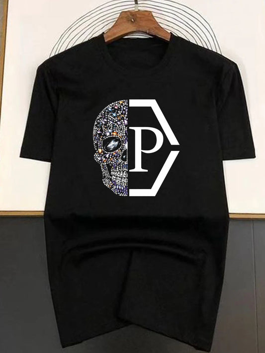 Summer Hip Hop Style Skulls Pattern T-shirt For Men Round Neck Short Sleeve Loose Tops Breathable Comfortable Oversized Clothing.