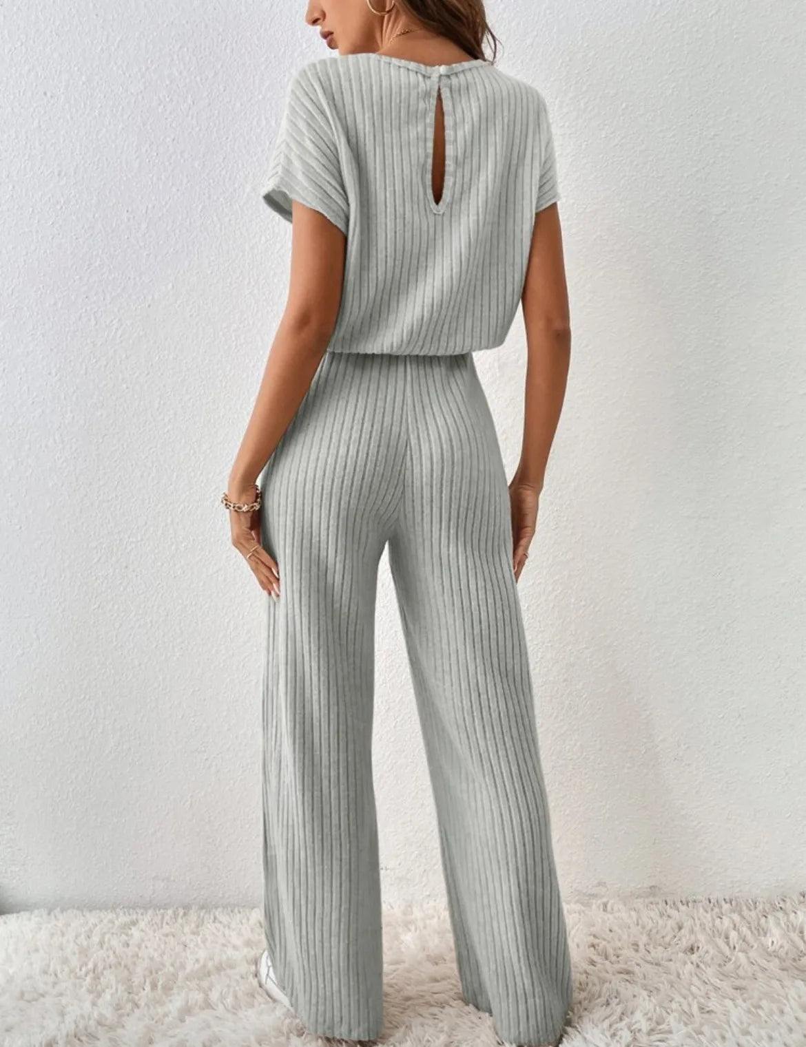 Two Piece Pant Sets Women Straight Pants Tops Pullover Short Sleeve Round Neck Spliced Top Solid Casual Streetwear Summer.