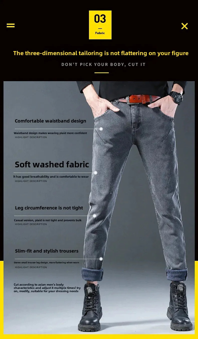 Winter Hot Sale Of The Season Trendy Stretchy Fleece Lined Thick Denim Mid Waist Fashionable Casual Warm Long Pants Men's Jeans.