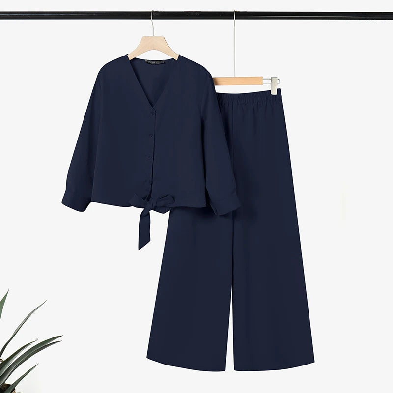 2025 ZANZEA Autumn Outfits 2PCS Women Work Matching Sets Fashion Spring Long Sleeve Blouse Pant Sets Casual Solid OL Tracksuits