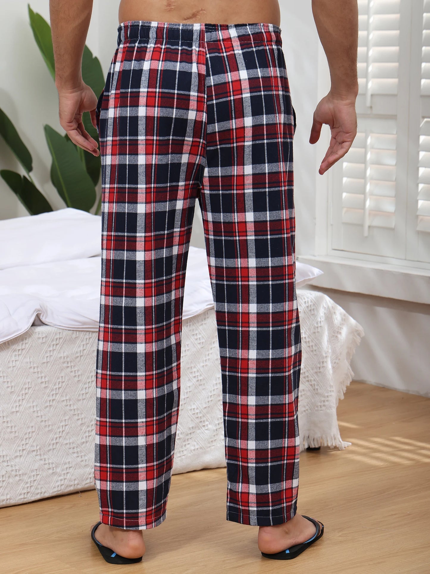 3Pcs Men's 100% Cotton Plaid Pajama Sleeping Pants, Long Plaid Print Sleepwear Pajama Pants with Elastic Waist Homewear