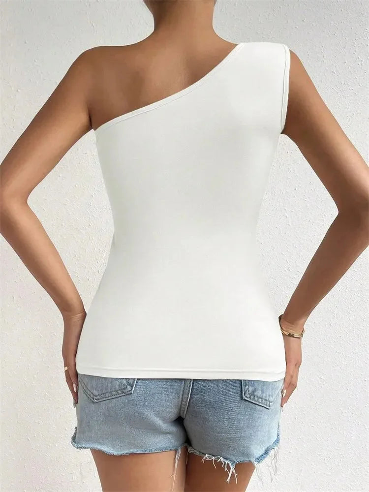 Women One Shoulder Pleated Tank Top Summer Solid Sleeveless Ruched T-shirt Streetwear Off the Shoulder Top.