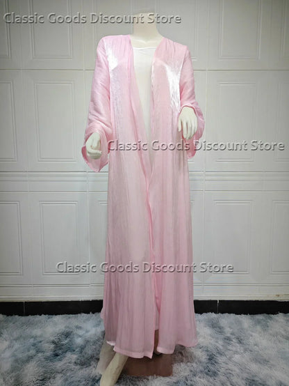 2025 Ramadan Satin muslimischen bescheidenen Kleid arabische Frauen öffnen Abaya Dubai islamische Langarm Cardigan Kleidung Truthahn schlichte Robe