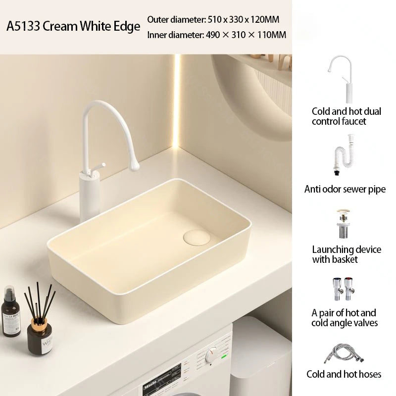 Rechteckiges Waschbecken aus Porzellan-Keramik für Badezimmer, modernes Waschbecken über der Theke mit Abflussset, Waschtischwaschbecken auf der Arbeitsplatte