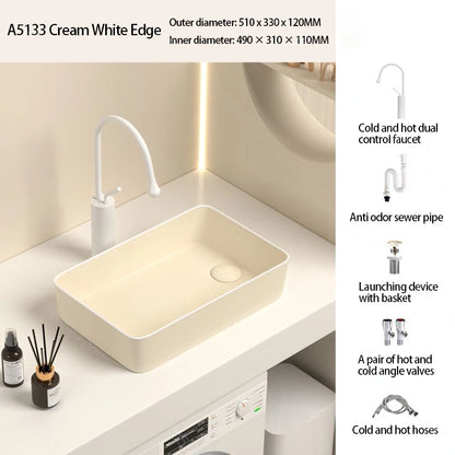 Rechteckiges Waschbecken aus Porzellan-Keramik für Badezimmer, modernes Waschbecken über der Theke mit Abflussset, Waschtischwaschbecken auf der Arbeitsplatte