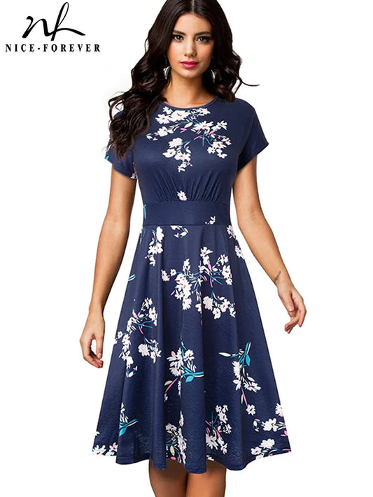 Nice-forever Vintage Elegante Blumen Druck Plissee Rundhals vestidos A-Line Pinup Business Party Frauen Flare Swing Kleid A102