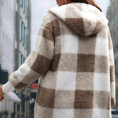 Frauen Herbst Winter Doppel Fleece Plaid Strickjacke Weiche Lose Lange Hülse Plüsch Warme Mit Kapuze Jacke Weibliche Patchwork Oberbekleidung Mantel