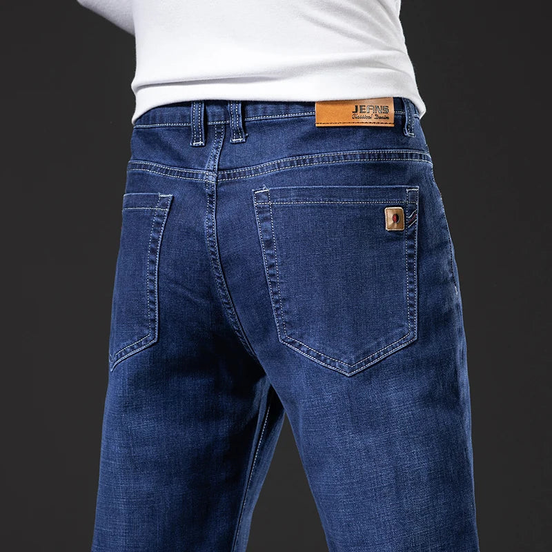 Große Größe 40, 42, 44, 46, lockere, gerade Jeans für Herren, Herbst, neue Business-Casual-Stretchhose, klassische blaue Denim-Hose für Herren