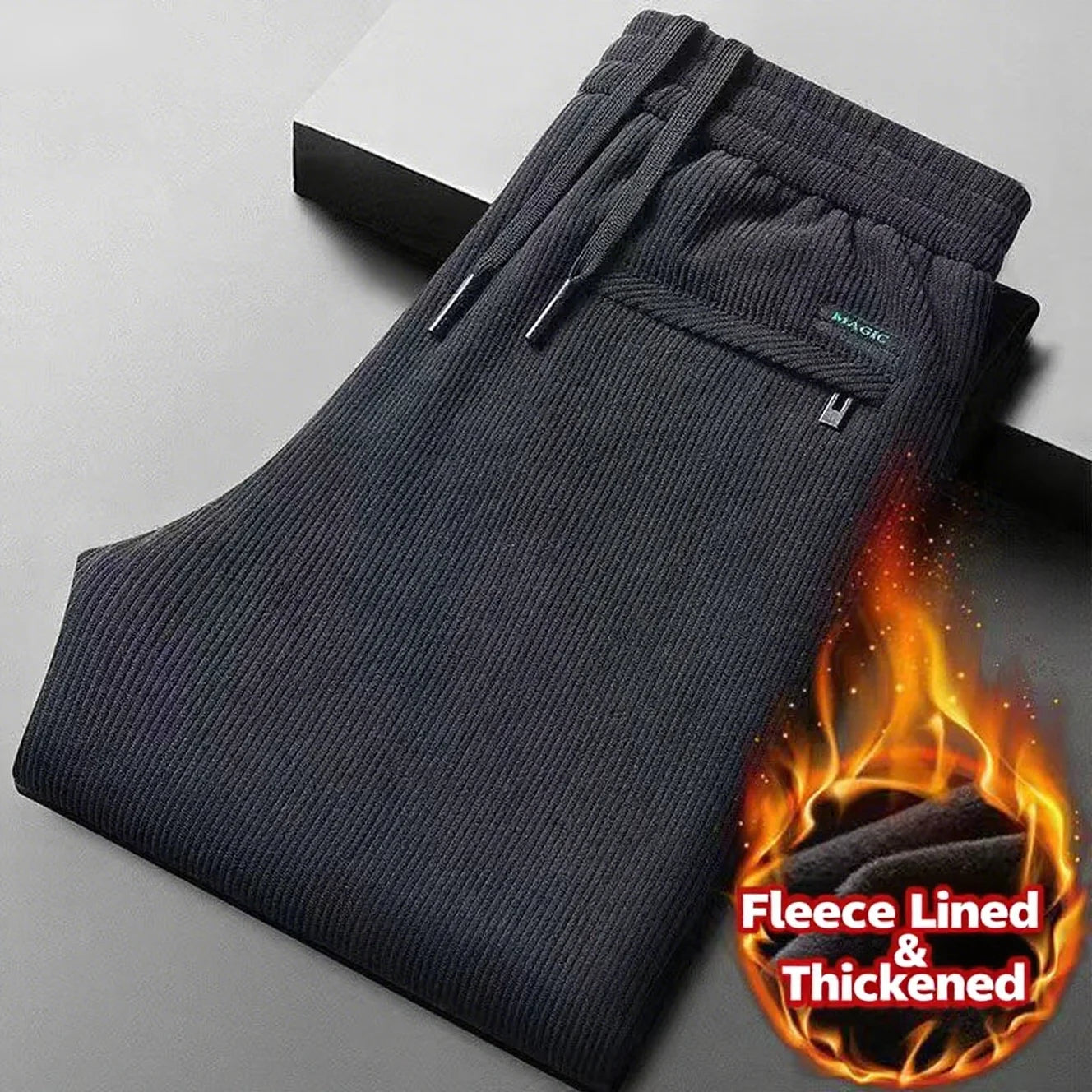 Black gray men's corduroy casual pants with drawstring, thick elastic business pants, mid waist brand winter warm pants.