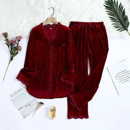 Fdfklak 2Pcs Gold Velvet Pajamas Set For Women Warm Pyjama Sexy V-Neck Lace Homewear Autumn Winter New Pijamas Long Pant.