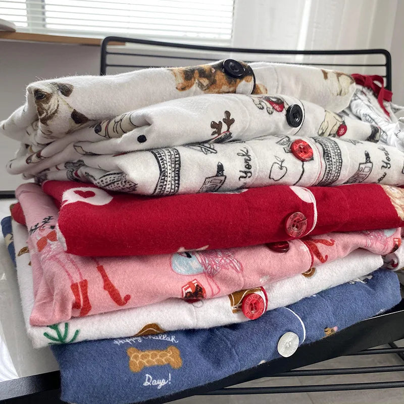 2025 New Pajamas Suit Cotton 2 Piece Set Women Print Cartoon Nightwear Long Sleeve Trousers Set Autumn Loungewear Home Clothes