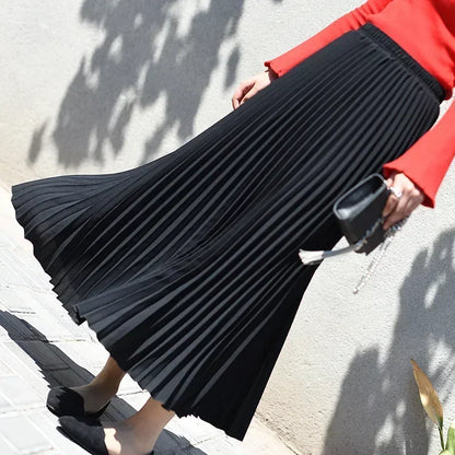 Classical Women Pleated Skirt 90cm/80cm Long Female Elastic Waist Skirt Big Size Velvet Pleated Skirt for Winter Ankle-Length