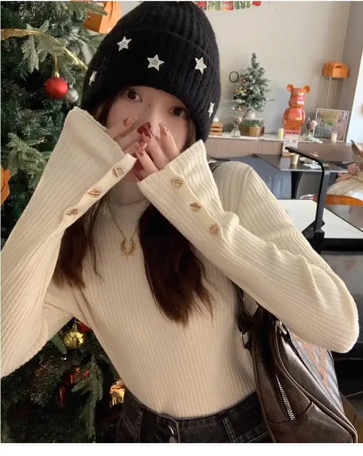 2025, weibliche Casual Tops Pullover Frauen Herbst Winter Gestrickte Dünne Pullover Feste Taste Volle Hülse Halb Hohen Kragen Pullover.