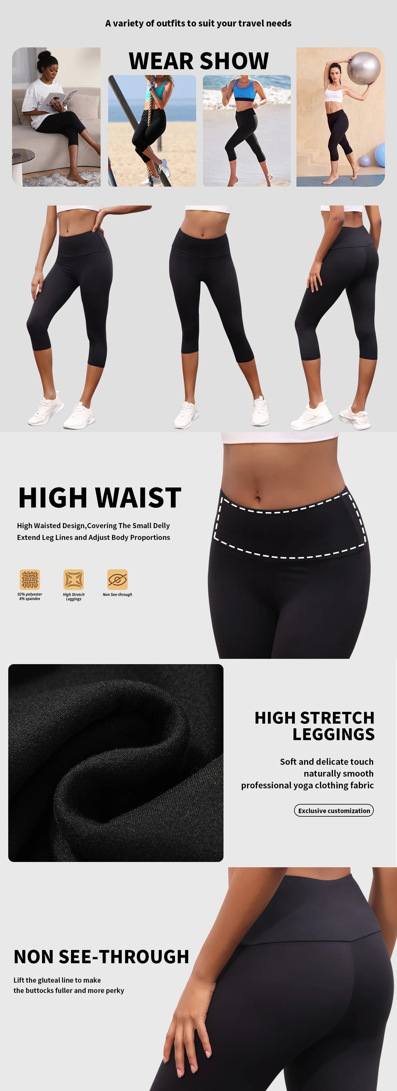 Women's High Waisted Capri Pants Super Soft No See Through Workout Yoga Push Up Gym Fitness Running Athletic Leggings.