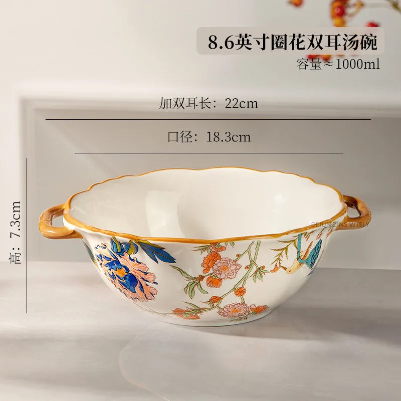 1PC Chinese-style Ceramic Plates New Flower-patterned Dinner Plates Ceramic Fruit Salad Plates Exquisite Kitchen Accessories