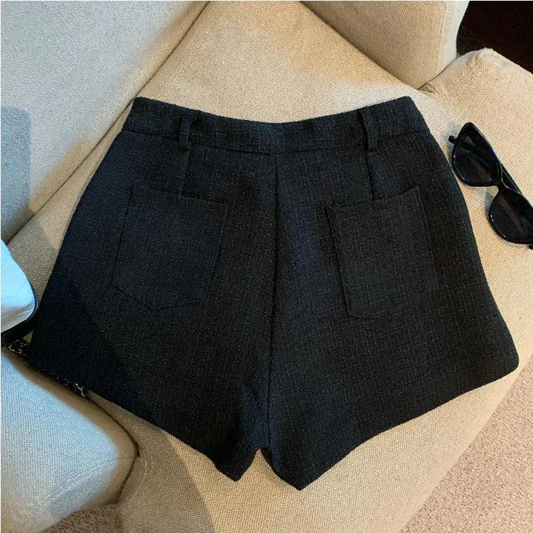 Fashion Tweed High Waist Women Shorts Autumn Winter Slim Office Woolen Black Shorts Women