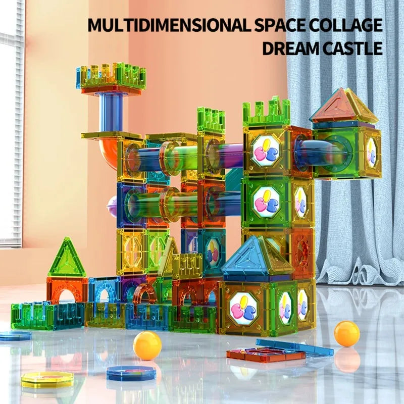 Light magnetic tiles building blocks for kids, 3D clear educational building toys, magnetic marble running building block toys.