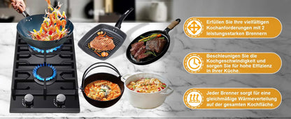 EU Certified 2 Burner Gas Hob 30cm Tempered Glass | Built-in w/Cast Iron Rack Dual Fuel (NG/LPG) 5200W Flame Failure Black.