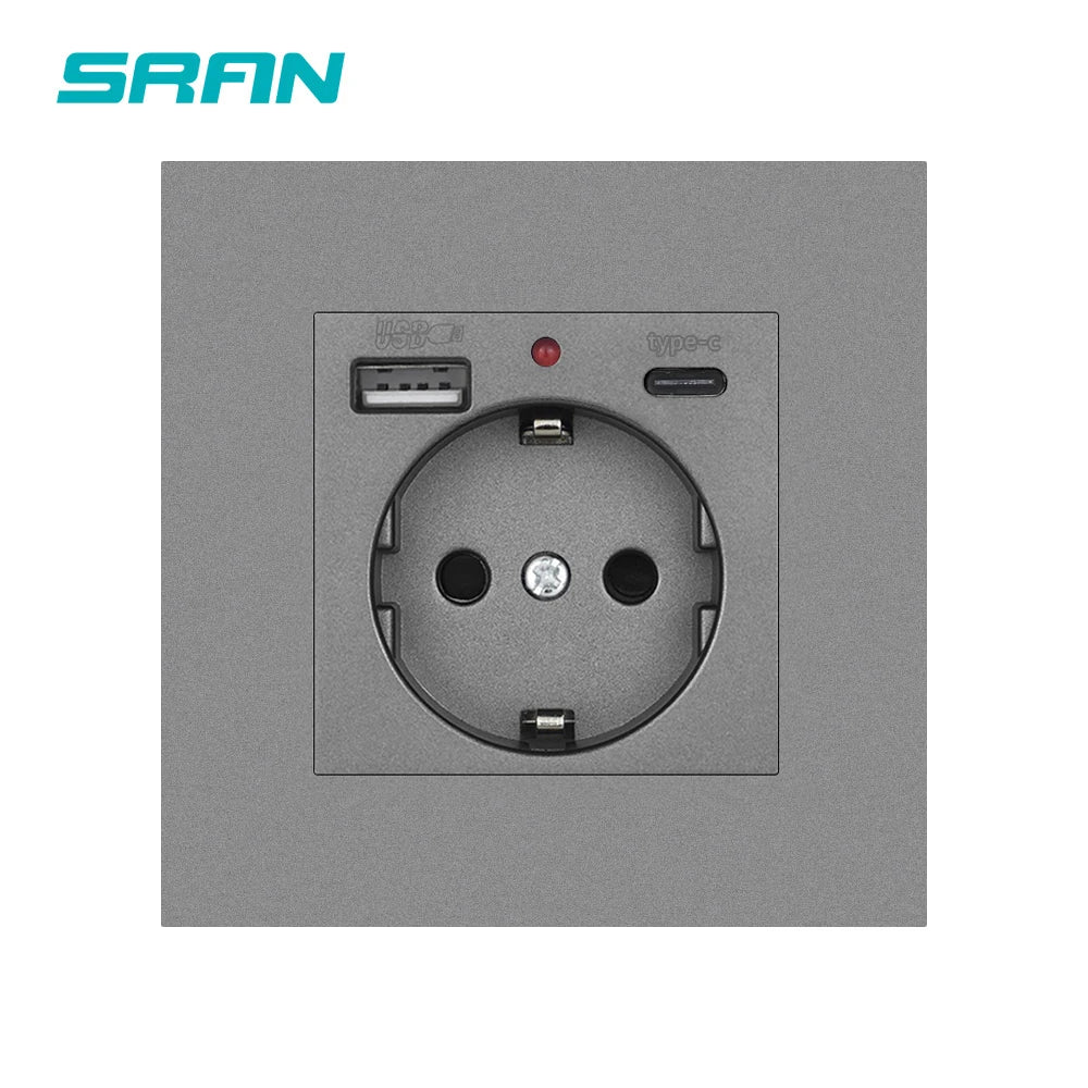 SRAN EU-Standard-Wandsteckdose mit USB und Typ-C 20 W Schnellladung, 5 V/2 A Doppelanschlüssen, 86 x 86 mm flammhemmendes Panel, CE-zertifiziert.