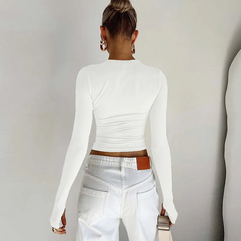Modisches Damen-T-Shirt mit langen Ärmeln, Rundhalsausschnitt, solides Slim-Fit-Damen-Crop-Top mit Daumenlöchern für den täglichen Streetwear-Sommer-Camis