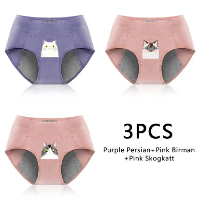 3PCS Cotton Menstrual Panties Leak Proof Breathable Cartoon cat Panties Woman Women Girls Physiological Pants Women's Intimates
