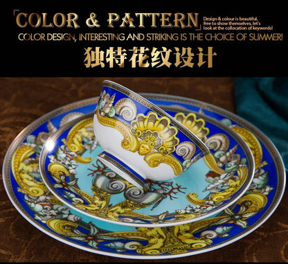 Luxury Blue Ocean Bone China Dishes Plates Western Clubhouse Upscale Heart Of The Sea Ceramic Tableware Decorative Plate.