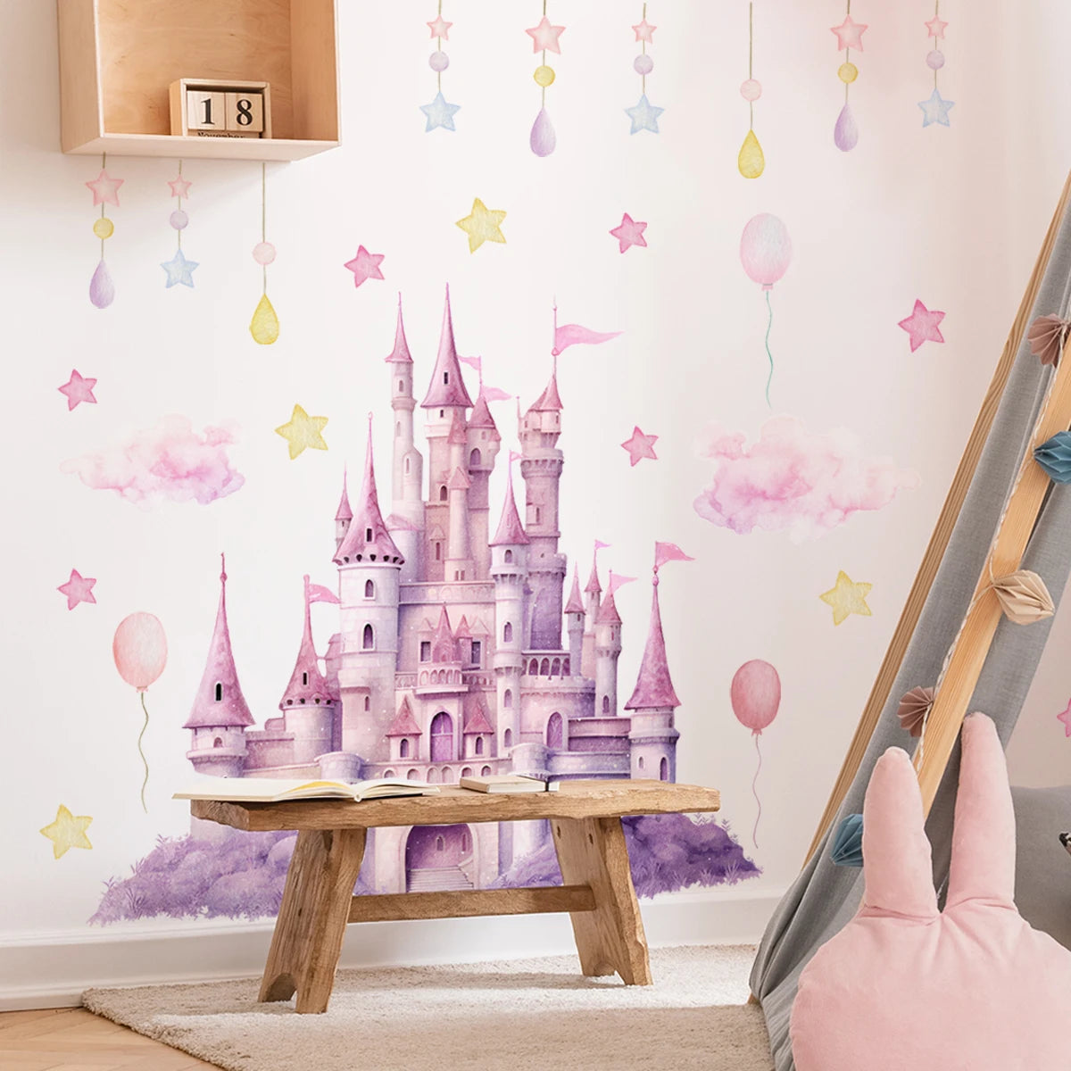 2sheet/set Pink Castle Wall Decals,  Clouds Stars Wall Stickers, Balloon Wall Decor for Kids Girls Bedroom Nursery Home.
