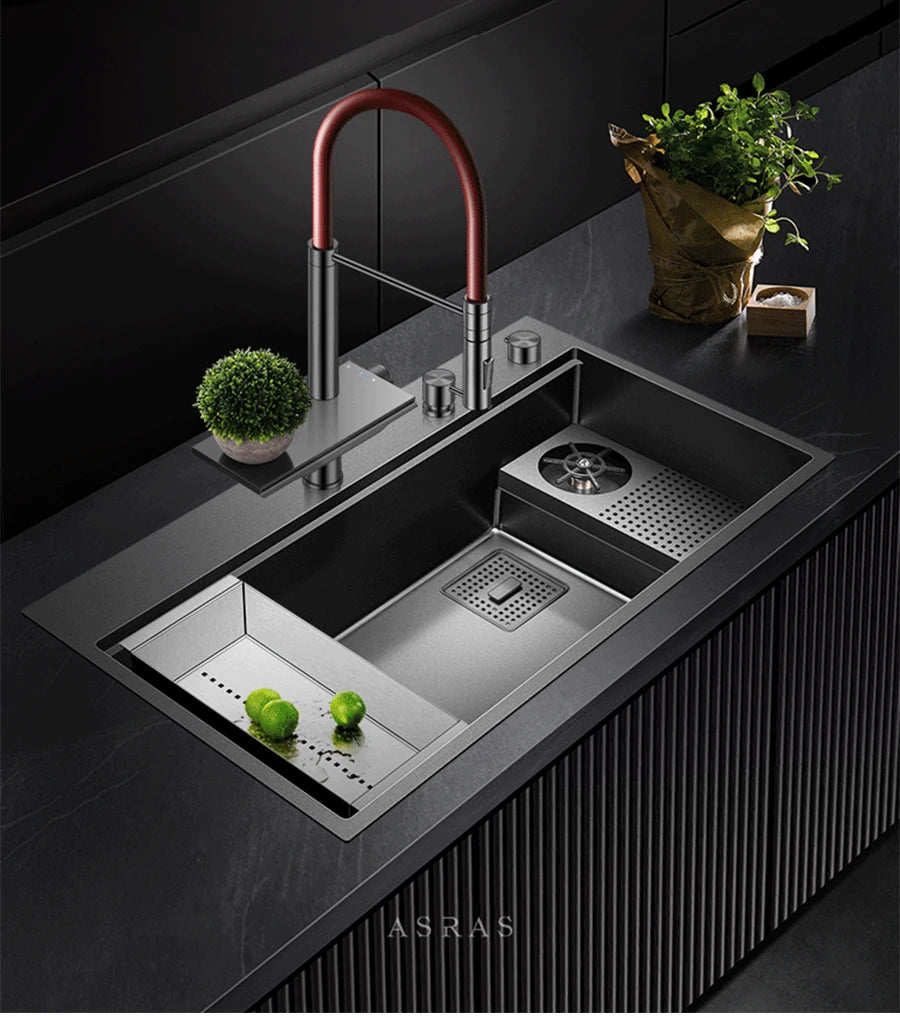 ASRAS New Waterfall Faucet Kitchen Sinks Nanometer Large Size 4mm Panel Handmade Sinks Cup Rinser Kitchen Sinks