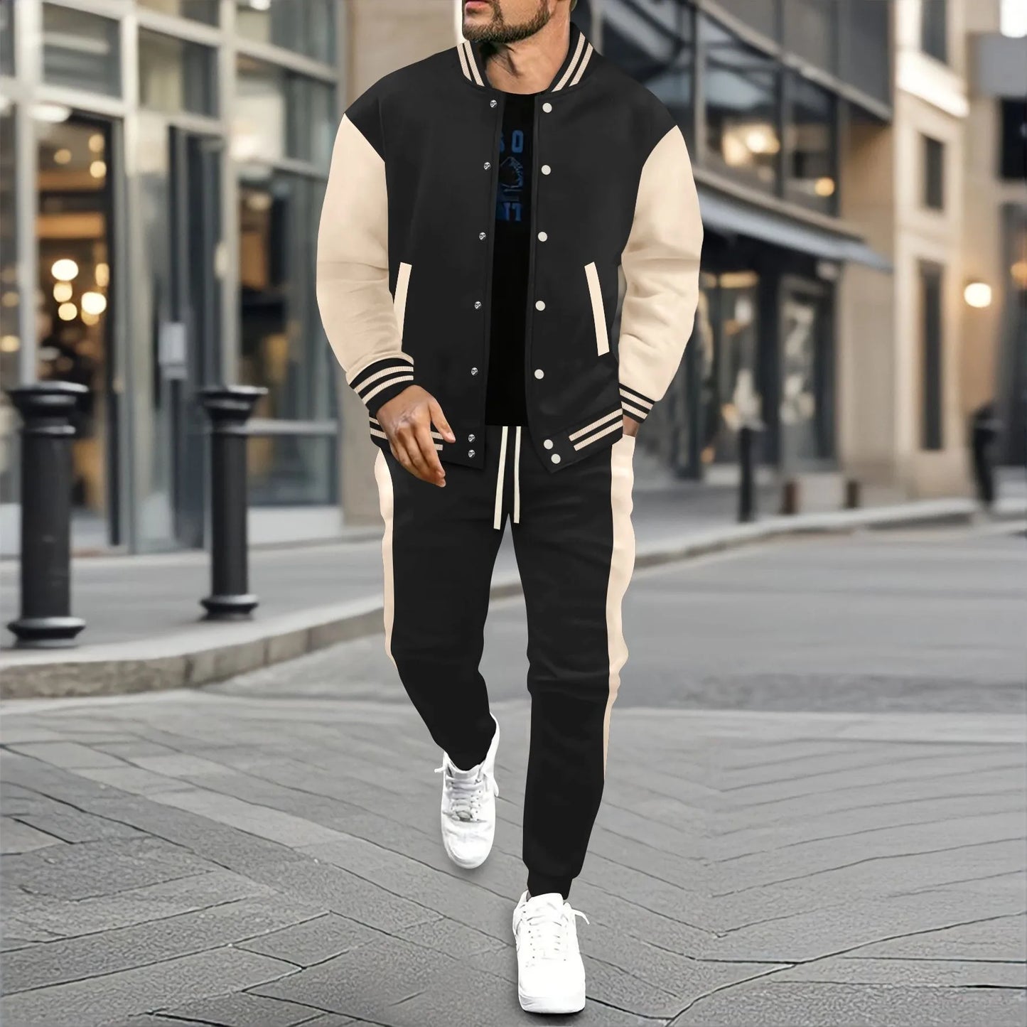 Men's new autumn and winter baseball jacket casual and versatile cardigan coat and color-block sport pants set.