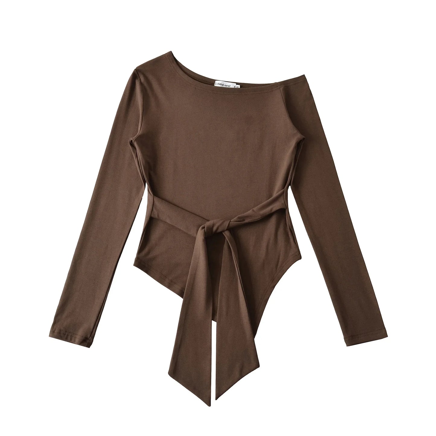 Sexy Long Sleeve T-Shirt Women's Waist Cinched Shoulder Bared Strap Design Autumn 2025 Irregular Halter Neck Top for Trendy Girl.