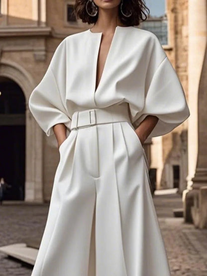 Yeezzi Women's White Wide Leg Jumpsuit With Belt 2025 New Half Sleeves Loose Deep V-Neck Elastic High Waist Elegant Jumpsuits.