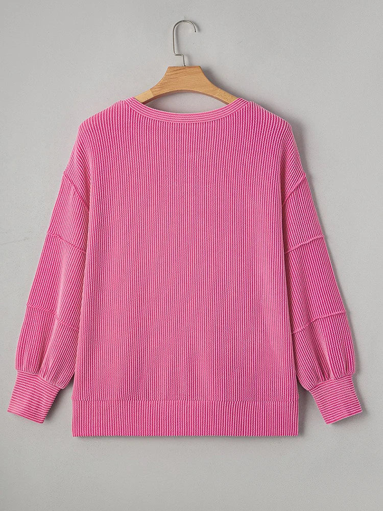 GIBSIE Plus Größe Einfarbig Rippen langarm Sweatshirt Frauen 2025, Herbst Oansatz Casual Lose Passenden Damen Pullover Top.