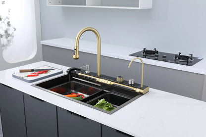 Golden Household Stainless Steel Waterfall Kitchen Sink MultiFunction Wash Vegetable and Dish Countertop Basin Large Single Slot