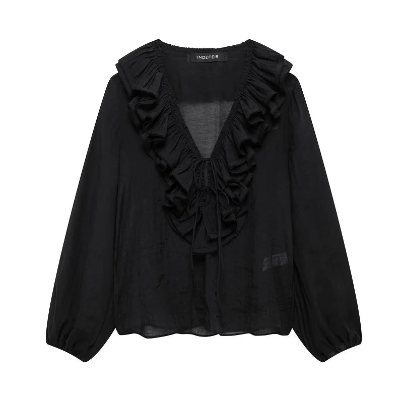 MUJER 2025 Ruffle Blouses for Women Semi Sheer Casual Blouse Woman Pleated Summer Shirts and Blouses Women Long Sleeve Women Top.