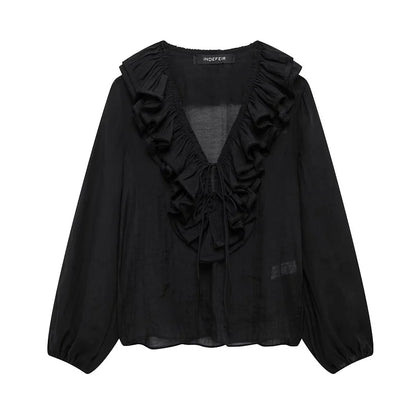 MUJER 2025 Ruffle Blouses for Women Semi Sheer Casual Blouse Woman Pleated Summer Shirts and Blouses Women Long Sleeve Women Top.