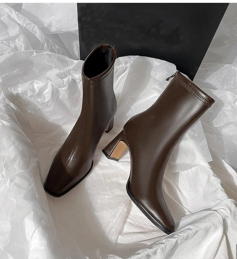 Vintage Warm Cotton Women Ankle Boots Fashion Elegant Square Toe Shoes Autumn Winter Thick Heel Women's Short Booties.