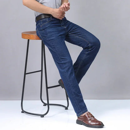 2024 New Brand Men's Fit Straight Lightweight Cotton Stretch Denim Pants Casual Male High Waist Thin Light Blue Business Jeans