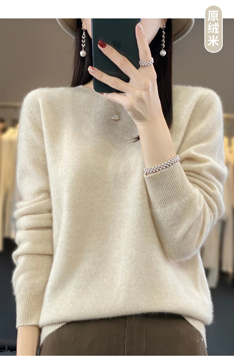 100% Merino Wool Sweater Women O-neck Cashmere Knitwear Female Pullover Autumn Winter Casual Tops Solid Color Soft  Clothing.