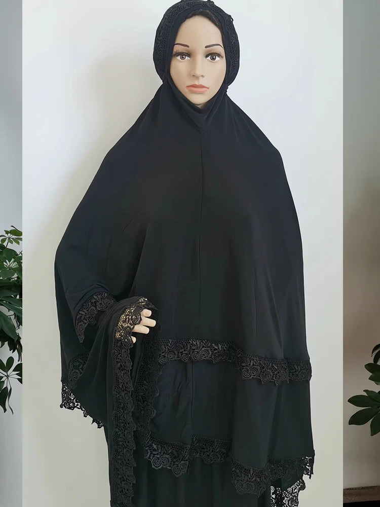 Ramadan  Long Khimar Muslim Abaya Women Prayer Garment Saudi Prayer Dress Lace Trim Silky 2 Piece Skirt Sets Eid Niqab jilbab.