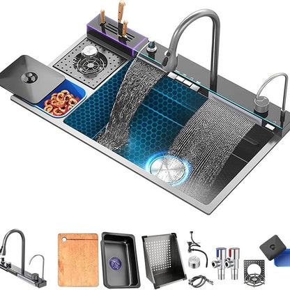 Smart Digital Display Waterfall Faucet Kitchen Sink With Knife Holder and Trash Can Household Wash Dish Basin Large Single Slot