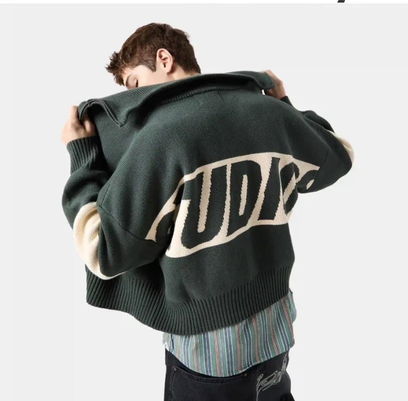 Autumn and Winter Warm Cardigan Sweater Men 2025 Trendy Casual Streetwear American Retro Letter Embroidery Zipper Pullover Women.