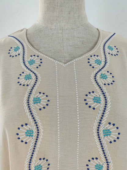 Beige Abaya Embroidered with Blue Patterns on Neckline Sleeves with Trim for Middle East Daily Wear Islamic Festivities Ramadan.