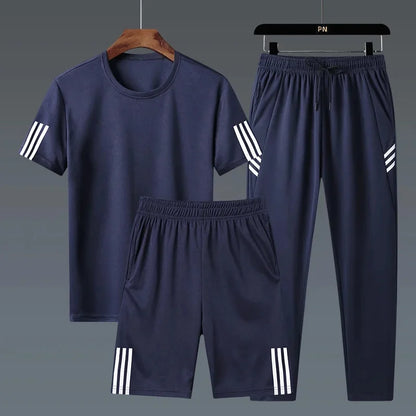 Summer Casual Sports Men's Short Sleeve T-Shirt plus Size Three-Piece Set New Style Long Pants Comfortable Breathable Clothing.