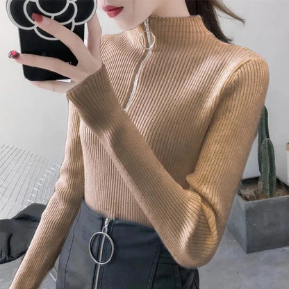 Spring Autumn Skinny Elastic Knitted Shirt Women Pullover Sweater Tops Female Long Sleeve Slim Mock Neck Knit Bottoming Shirts.