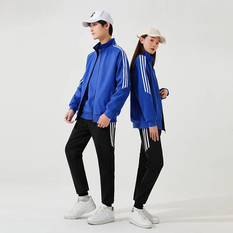 New Casual Men's Sport Suit Striped Ankle-Length Cotton Stand Collar Jacket With Three Buttonts Slim Fit Pants 2-Piece Set.